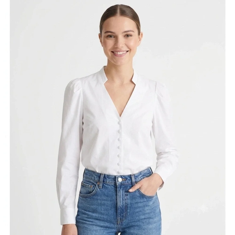 Madewell Top Womens XS White V Neck Puff Sleeve Blouse Tie Button Cotton NY535